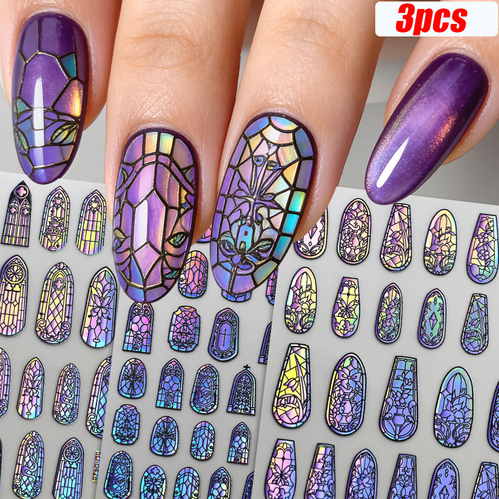 Nail Art France - 5D Funkelnde Retro-Glasfragment-Nagelaufkleber Holographische Blumen/Schmetterlinge/Kreuze/Schlösser Nageldekoration