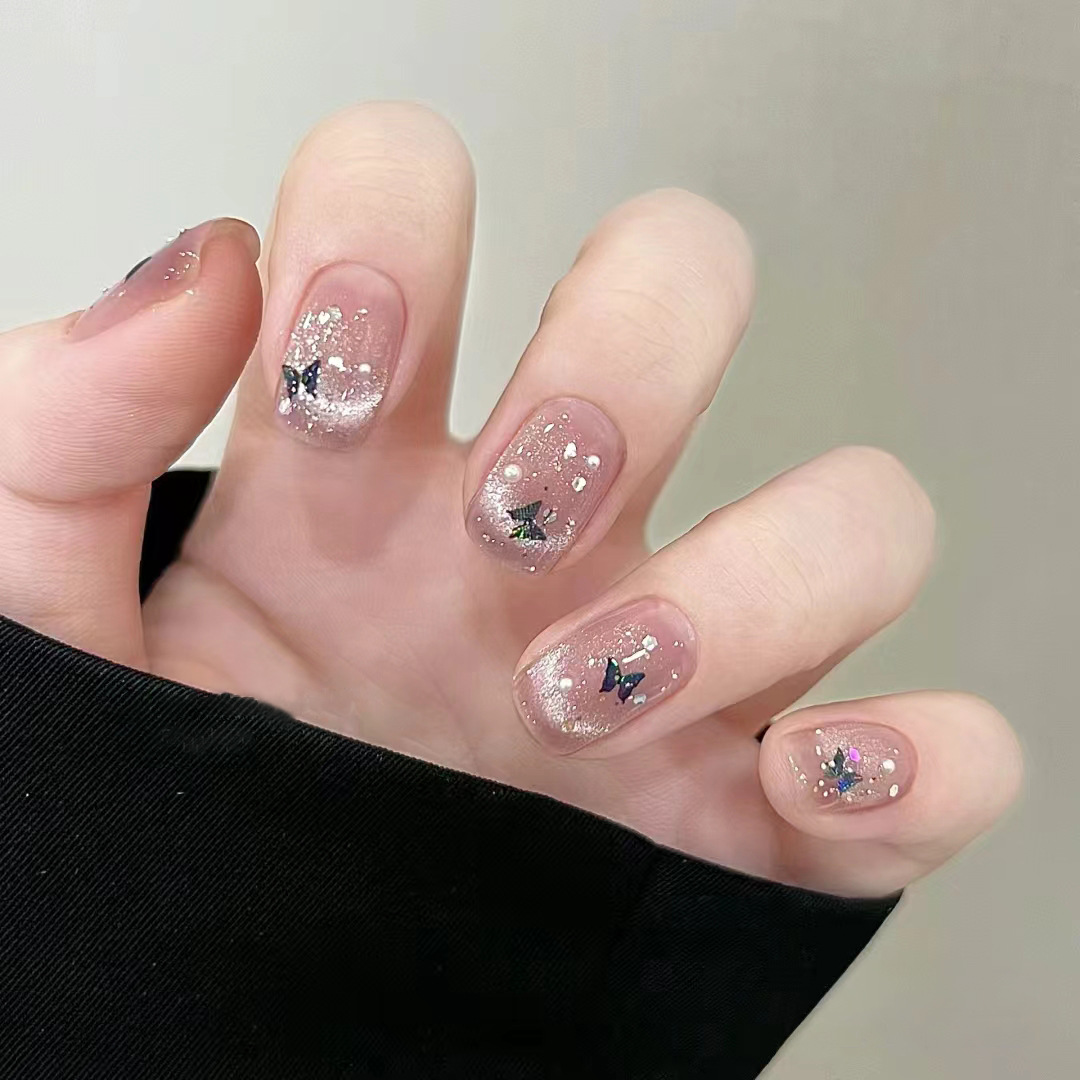 Nail Art Full Cat Eye - 24 Stück Französische Glitzer-Press-on-Nägel mit Schmetterling-