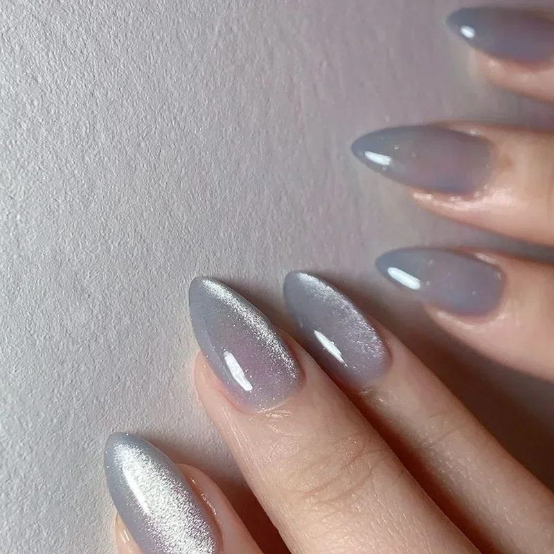Nail Art Full Cat Eye - 24 Stück Kristall-Katzenaugen-Kunstnägel, kurze Mandel-Pressnägel, glänzender
