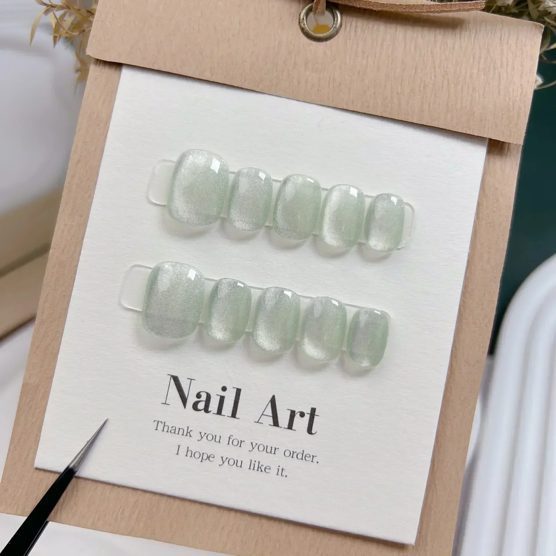 Nail Art Full Cat Eye - 10 Stück kurze handgemachte hellgrüne Press-On-Nägel