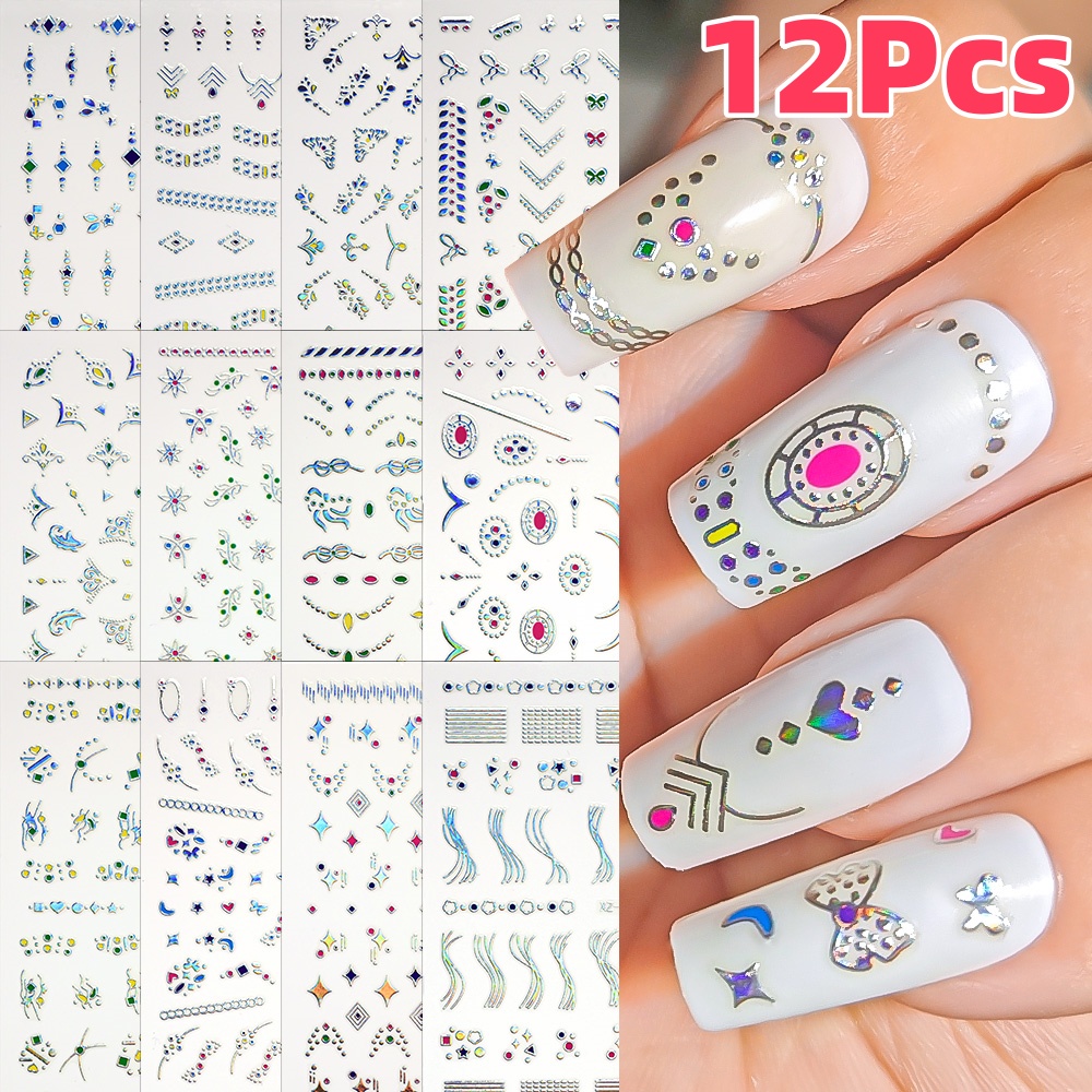 12 Stücke 3D Silber Geometrie  – Nail Art Simple Elegant Bewertung und Preis